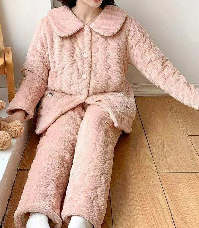 New Thickened Three-layer Padded Coral Fleece Thermal Pajamas Women's Autumn and Winter Extra Thick Cute Cartoon Loungewear Set