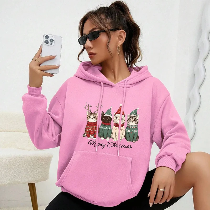 

Funny Meowy Christmas Cat Print Women Fashion Hoodies Girl Clothing Merry Christmas Sweatshirts Tops Female Casual Tops Clothing
