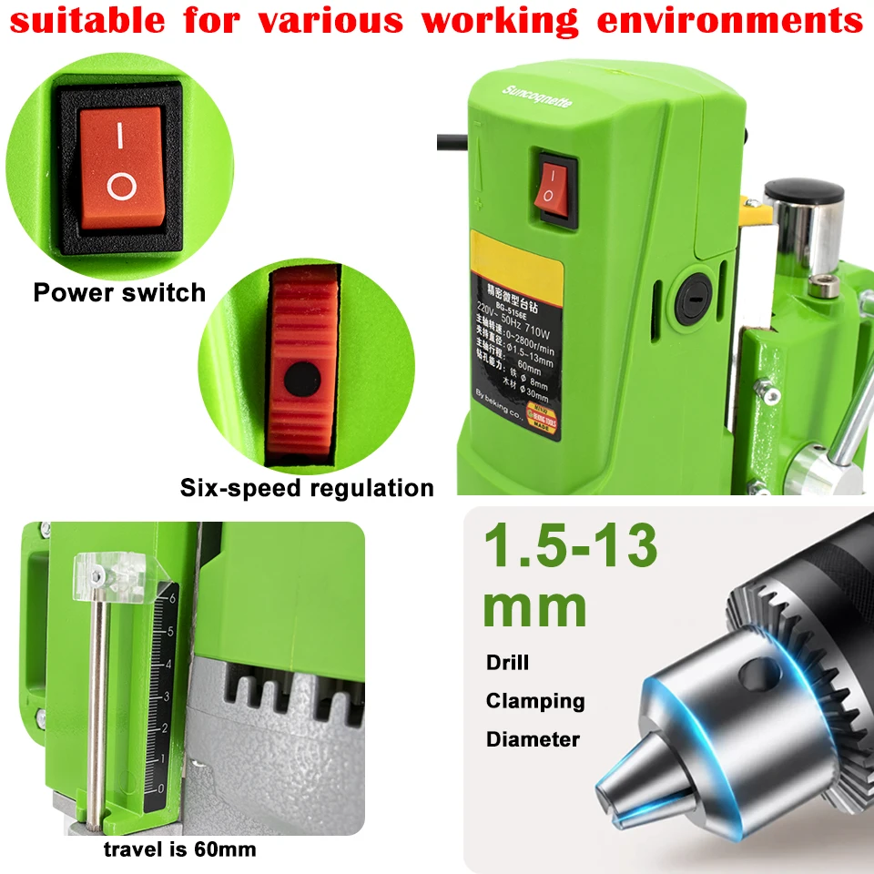 710W Bench Drill Press,Variable Speed Benchtop Drill Machine,6-Speed Green Spindle Travel 60mm