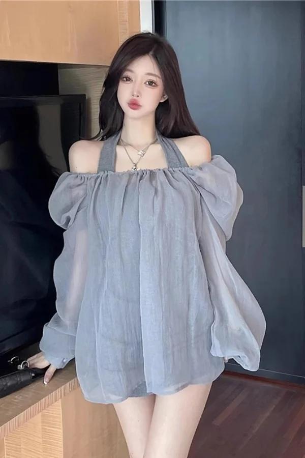 

2025 Spring Summer New Sexy Off Shoulder Puff Sleeve Sun Protection Shirt and Halter Strap Dress Two Piece Set for Women Female