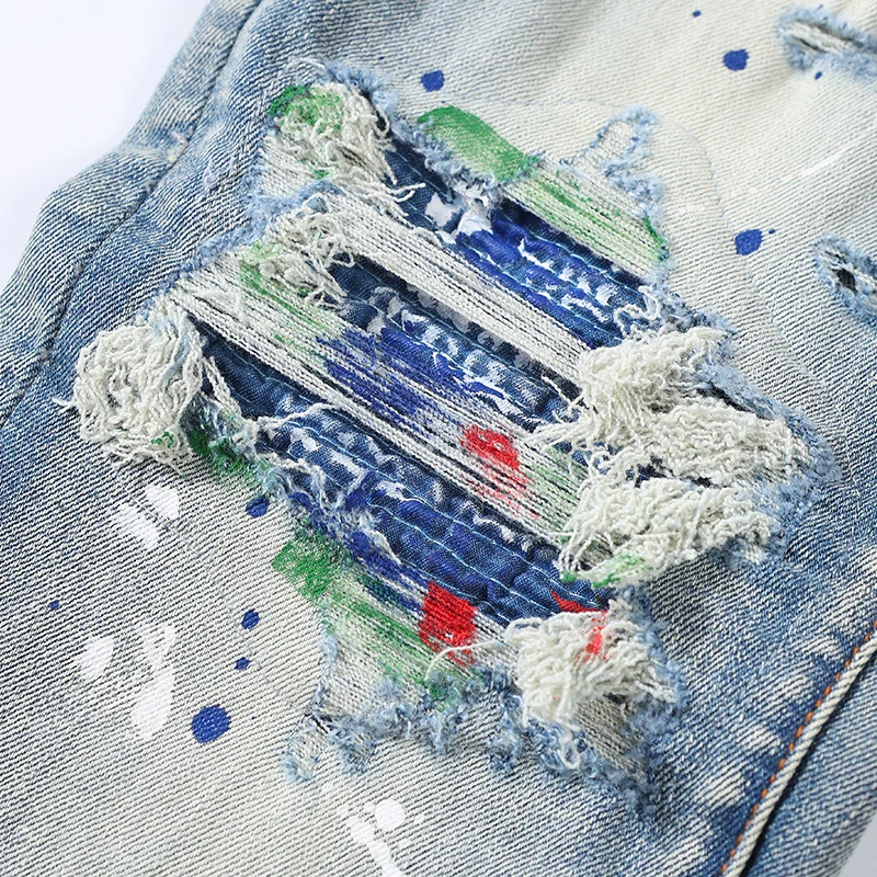 Y2Kstreet fashion new men's jeans light blue elastic slim fit retro washed ripped patch painted pleated jeans designer hip-hop b