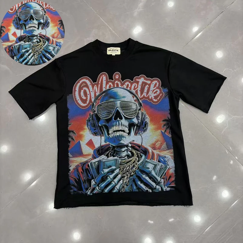 High Street Trend Brand Quality Realistic Picture Skull Print Breathable Cotton Hot Diamond Street Clothing Majestik T-shirt