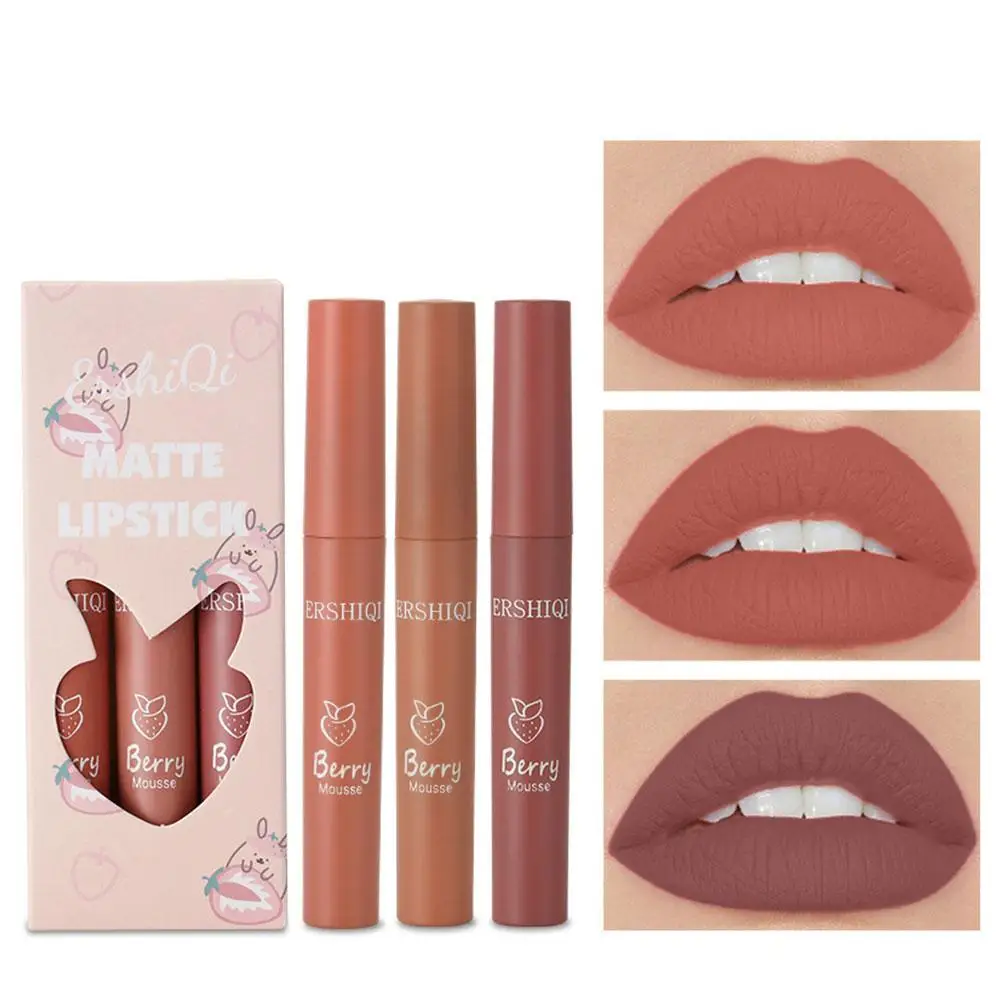 3pcs Strawberry Lip Glaze Set Velvet Matte Liquid Lipstick Lipstick Non stick Cup NEW