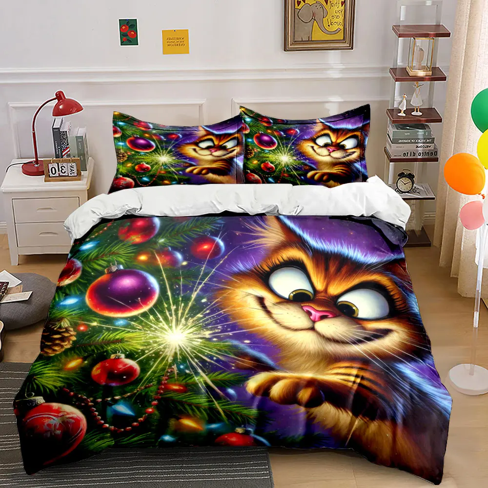 Playful orange cat next to sparkling Christmas tree Print Duvet Cover Bedding Set Included 1*Duvet Cover 2*Pillowcases