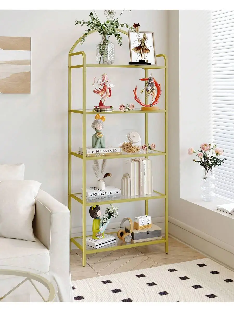 Bookcase Bookshelf, Tempered Glass Bookshelves, Slim Shelving Unit For Bedroom, Bathroom, Home Office, Steel Frame,Home Decor, 5