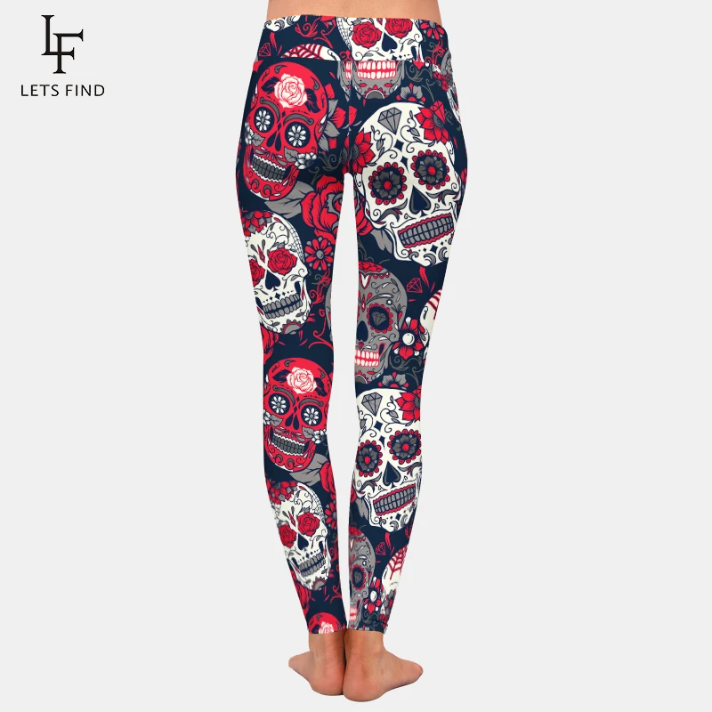 Legging noir imprimé tête de mort et fleur pour femme, pantalon décontracté, taille haute, offre spéciale