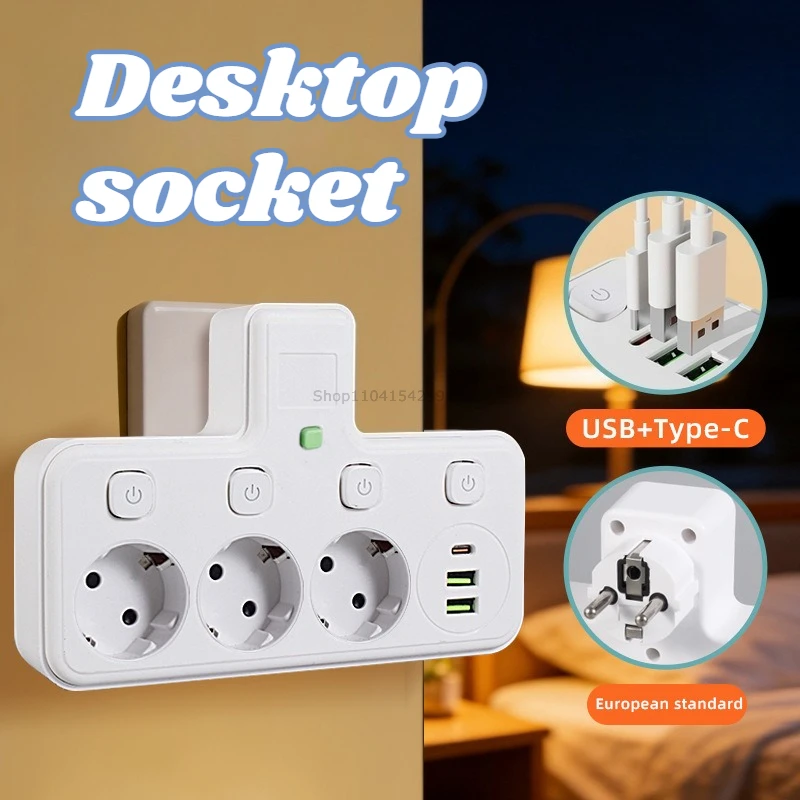 EU Plug Outlet 4 Sockets Multitap Wall Power Strip Electrical Socket No Extension Cord with 2 USB 1 Type-C Ports 2500W MAX Power