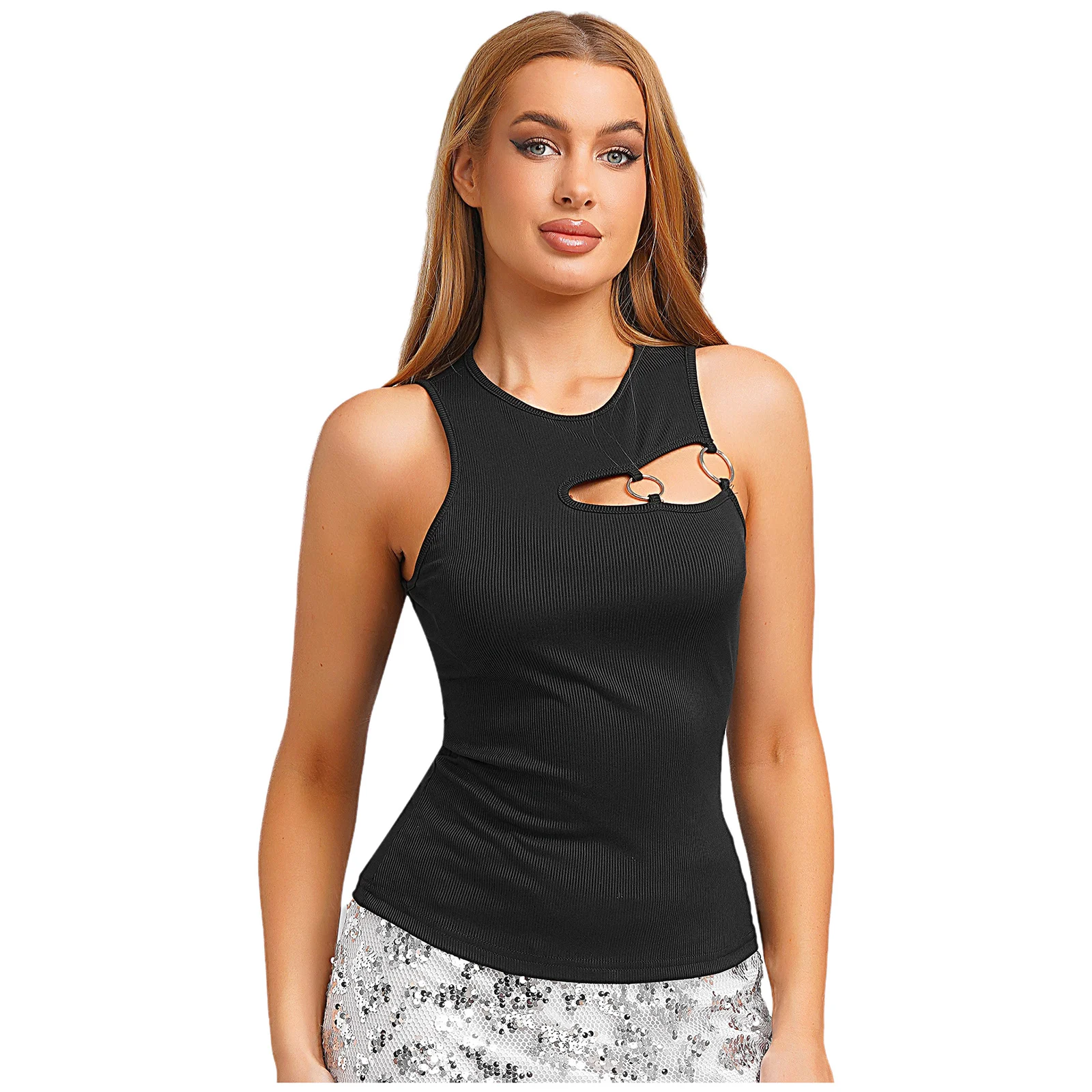 

Womens O-ring Linked Tank Tops Crew Neck Sleeveless Irregular Hollow Out Crop Vest Slim Fit T-shirt Blouses Fashion Street Style