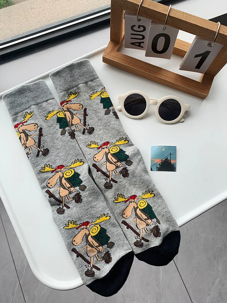 CHAOZHU 1 Pair Grey Cartoon Cute Elk Men's Funny Fashion Socks Long Crew Socks Fancies Jacquard