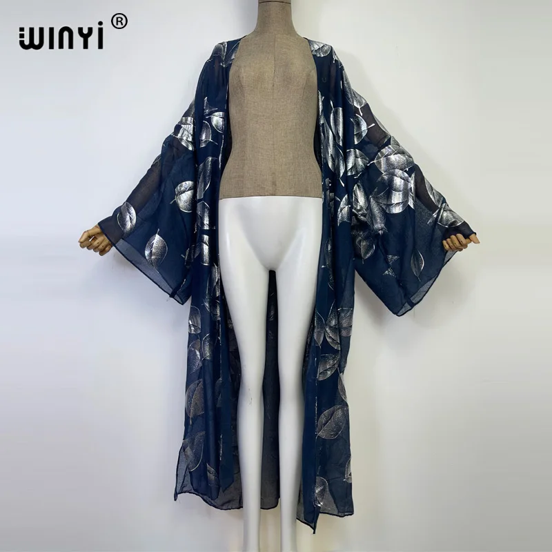 2022 Autumn WINYI new sexy Bronzing leaf printing Beach Wear Swim Suit Cover coat Elegant Women Boho Long Sleeve Kimono dress