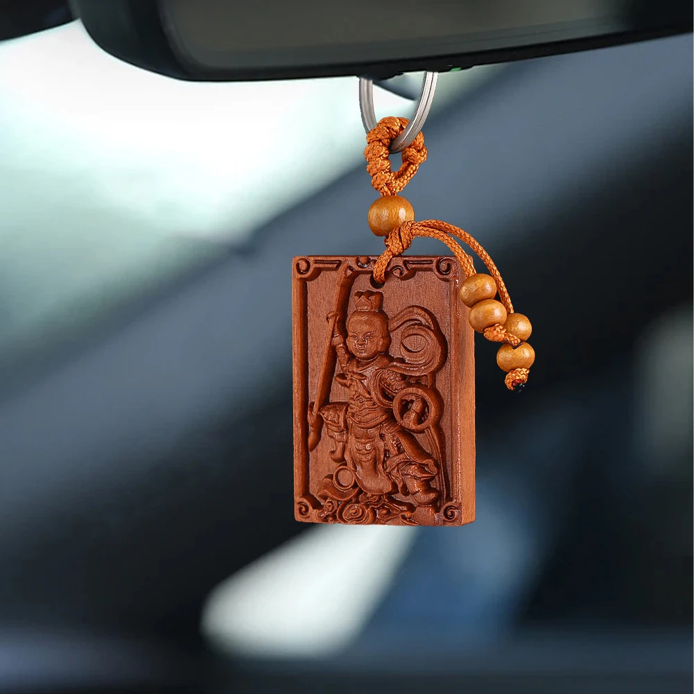 Natural Peach Wood Nezha Keychain Amulet Auspicious Safety Car Rearview Mirror Hanger for New Driver & Housewarming Gift