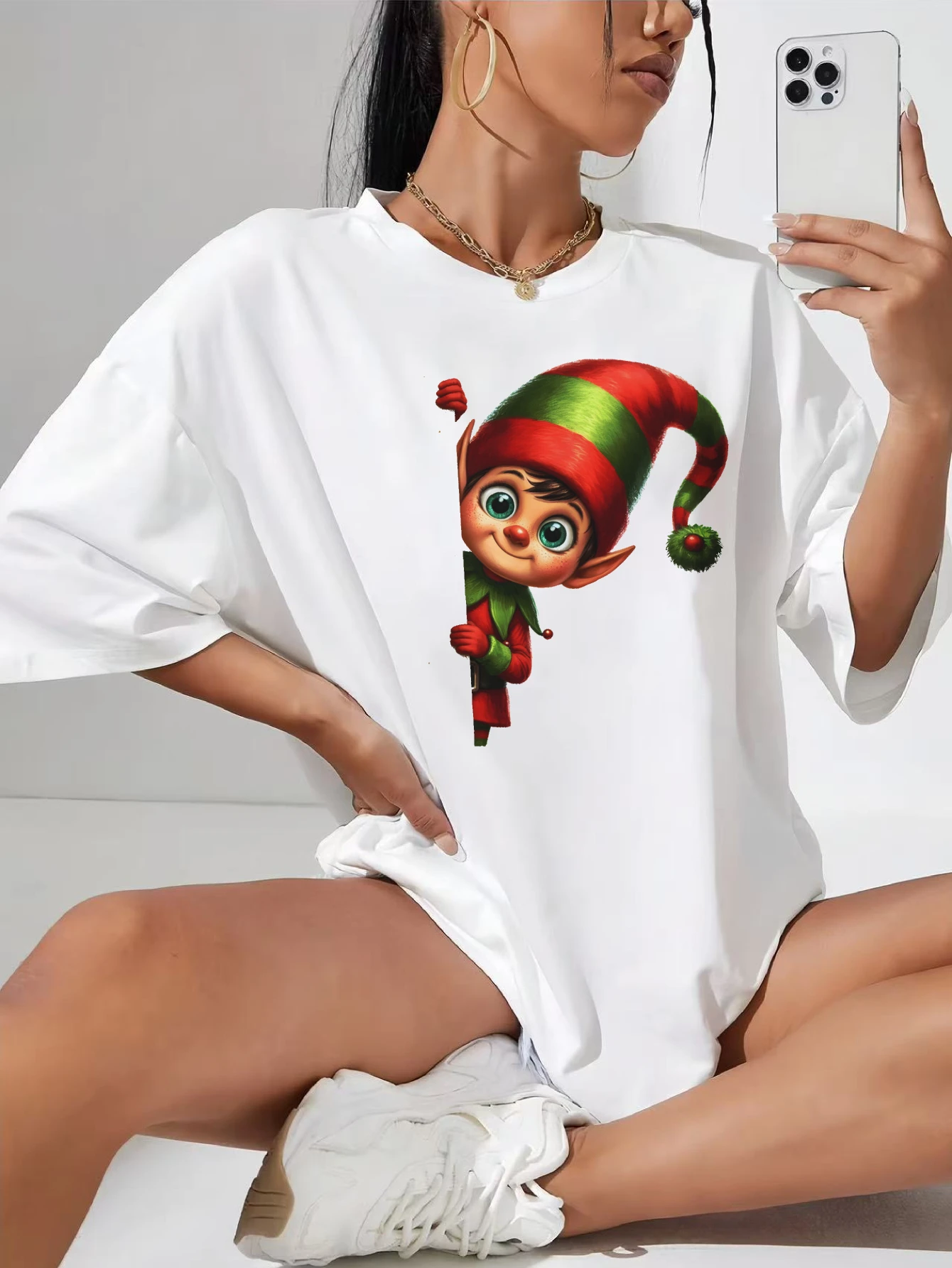 

Christmas Characters peeking around Comfortable Cotton T-Shirt for Winter Plus Size Women's White Christmas Late Pregnancy