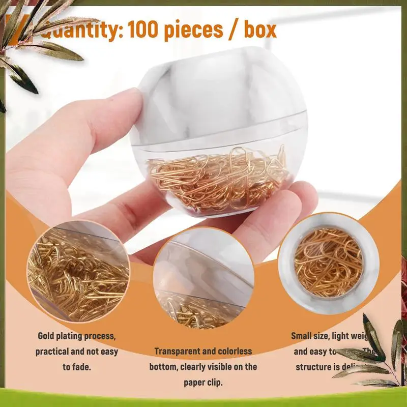 New-Gold Paper Clips In Elegant Magnetic Marble White Clip Holder, 28Mm, 100 Clips Per Box