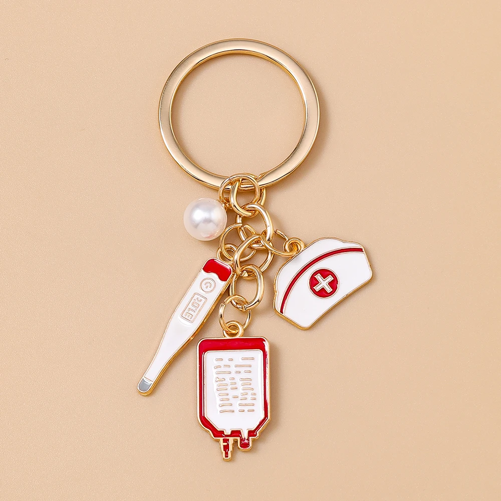 Cute Enamel Doctors Medical Infusion Bottles Keychain Nurse Uniform Key Ring for Women Girls Handbag Pendants DIY Jewelry Gift