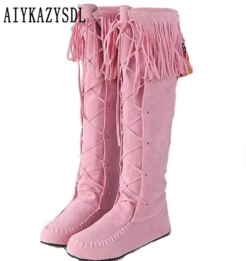 

AIYKAZYSDL Cross Strap Faux Suede Fringe Tassel Moccassin Mid-calf Knight Boots Flat Heel Bohemia Booties Cosplay Pink Shoes