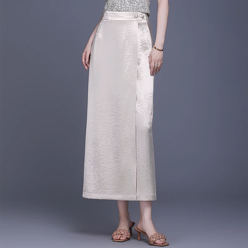 

Элегантная длинная юбка с завышенной талией из шелкового атласа для женщин, весна-лето, новинка, в китайском стиле, прямого кроя, H-образная юбка