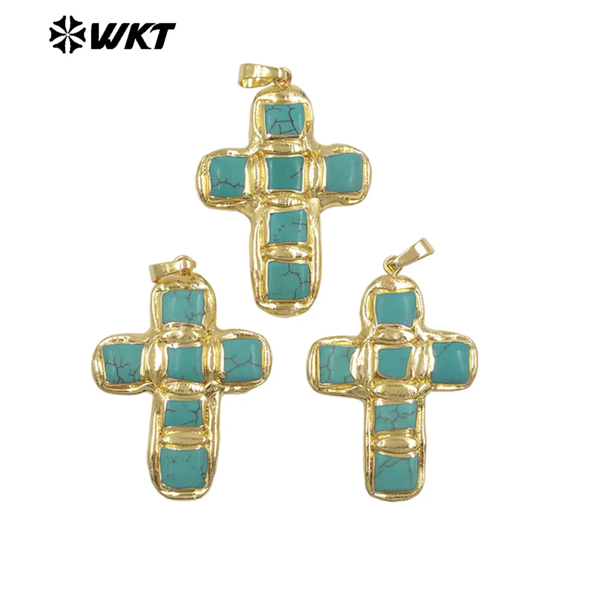 

WT-P2037 новейший религиозный стиль позолоченные квадратные шесть натуральных бирюзовых камней крестики подвески для модных подарков ручной работы