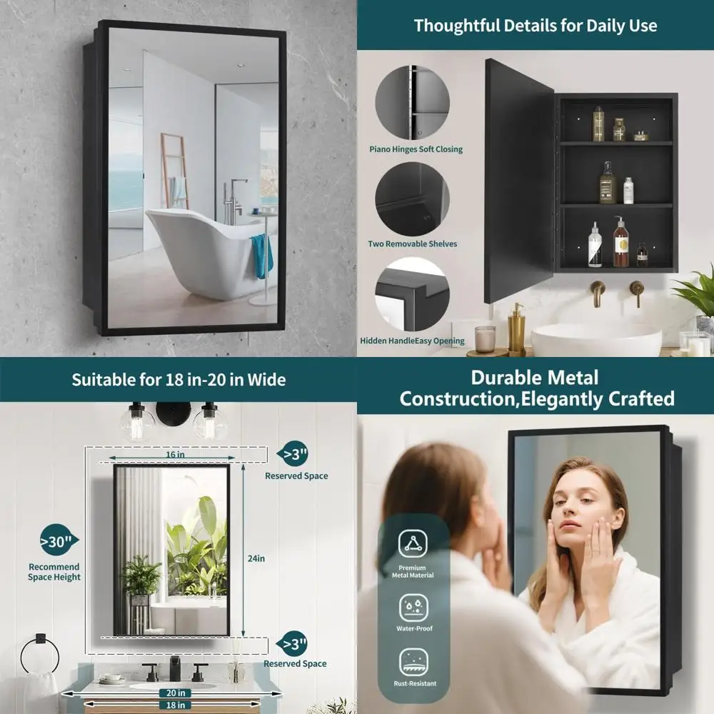 

Black Framed 16x24 Inch Recessed Wall-Mounted Medicine Cabinet with Mirror for Bathroom
