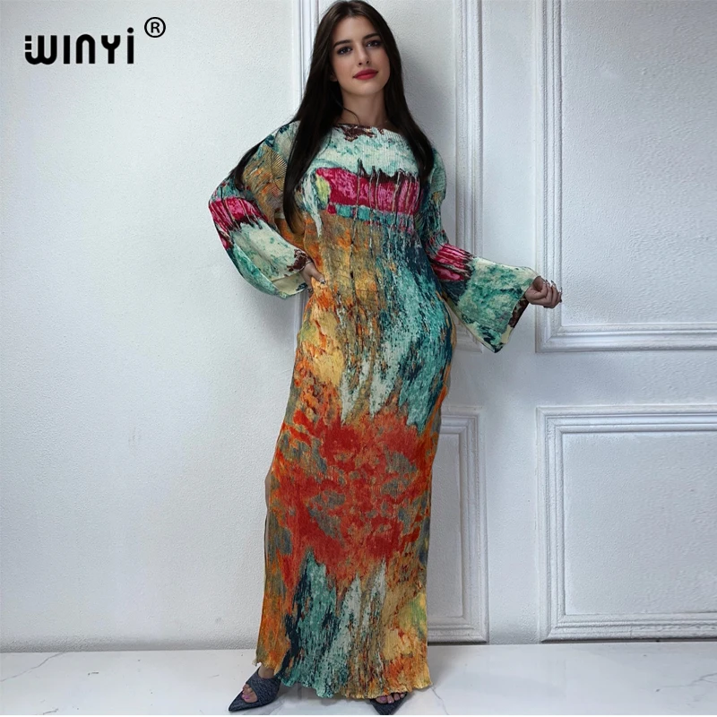 WINYI Summer Printed dress Women crumple Design Loose boho robe Maxi Long Femme Vestidos holiday Party Elegant Pleated dress