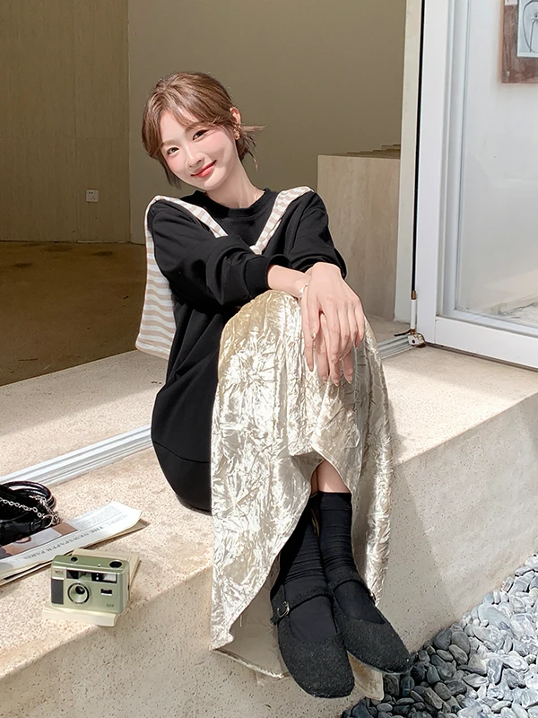 

Полосатое худи-платье с цветовыми блоками и длинными рукавами для женщин, весна-осень 2025, приталенное, в стиле lazy style