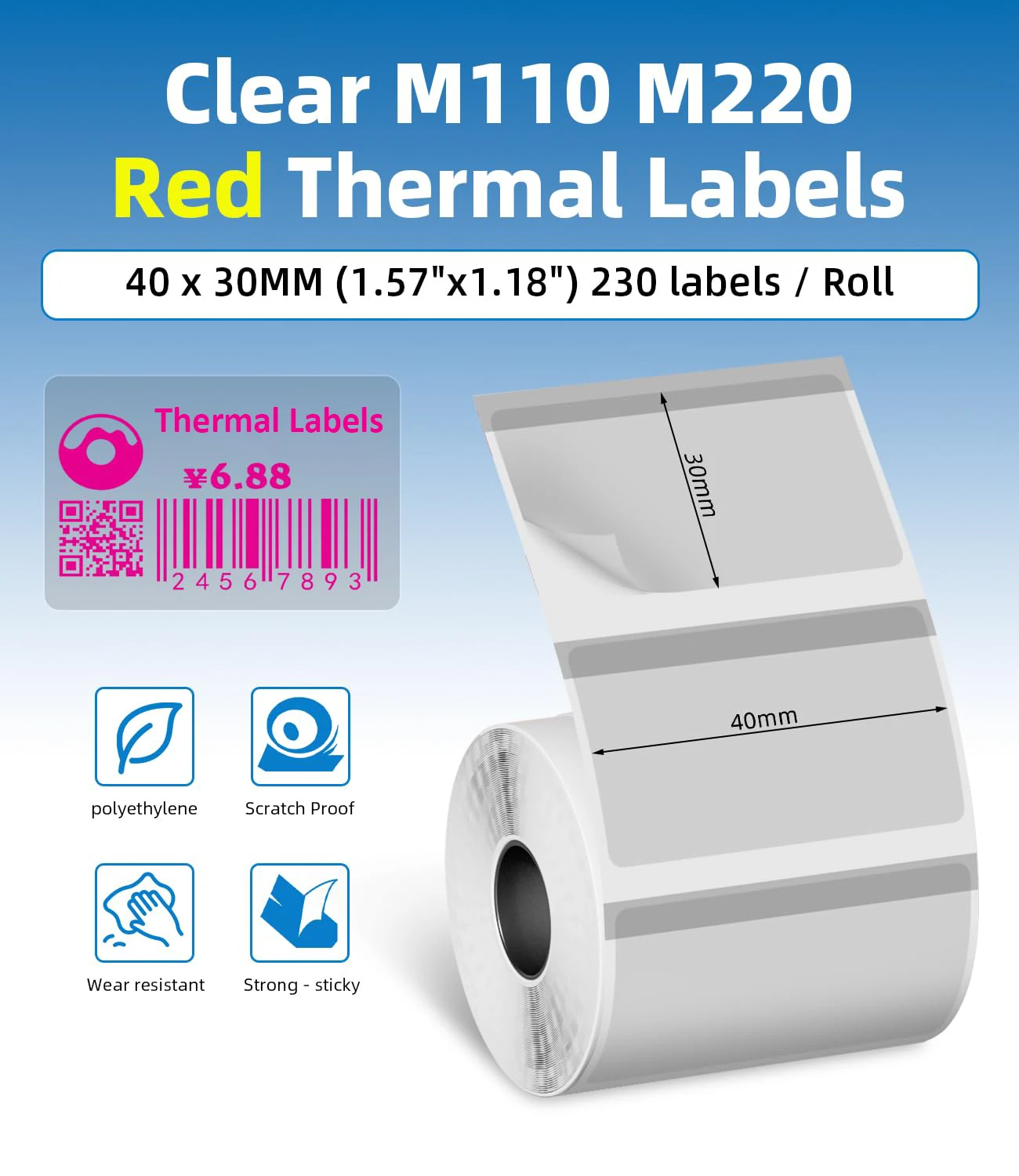 Autocollant Transparent et Rectangulaire Rose pour M110/M220/M221/M120, Rouleau de 40x30mm, 230 Pièces