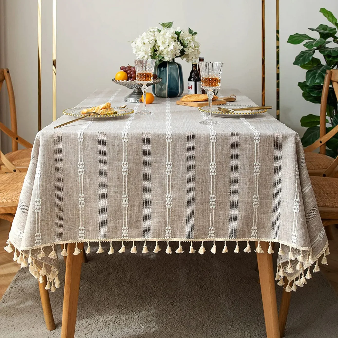 Cotton Linen Vintage Rustic White Cutout Ornament Table Cloth with Tassel Rectangular TableCloth Tablecloth Cover Towel Decor