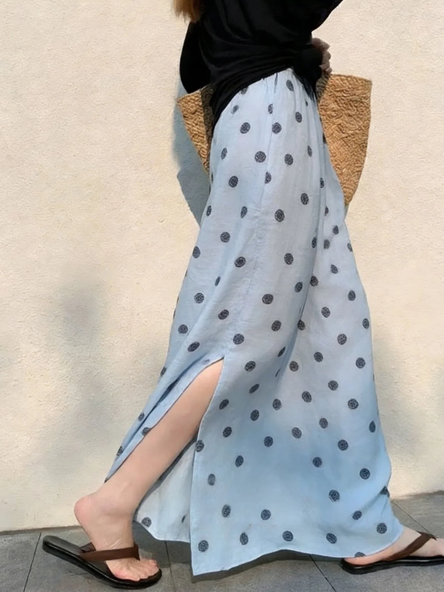 

Color Block Polka Dot Long Skirt Spring Summer High Waist A-Line Midi Skirt Holiday Style Print Split Half Body Skirt
