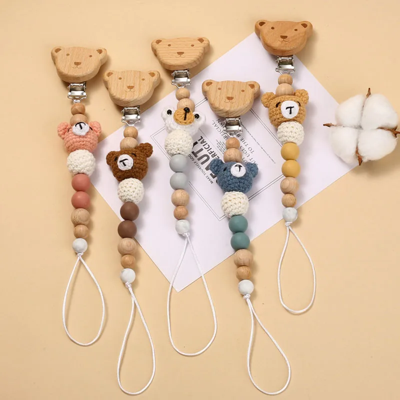 Baby Beuken Hout Fopspeen Clip Cartoon Dier Gehaakte Kralen Siliconen Tepel Ketting Voor Bijtring Verpleegspeelgoed Baby Fopspeen Ketting