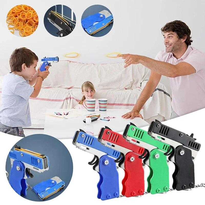 Rubber Band Gun Toy Metal Folding Rubber Band Launcher Toy Gun Shooting Pistol Kids Outdoor Activities Party Game Mini Keychain