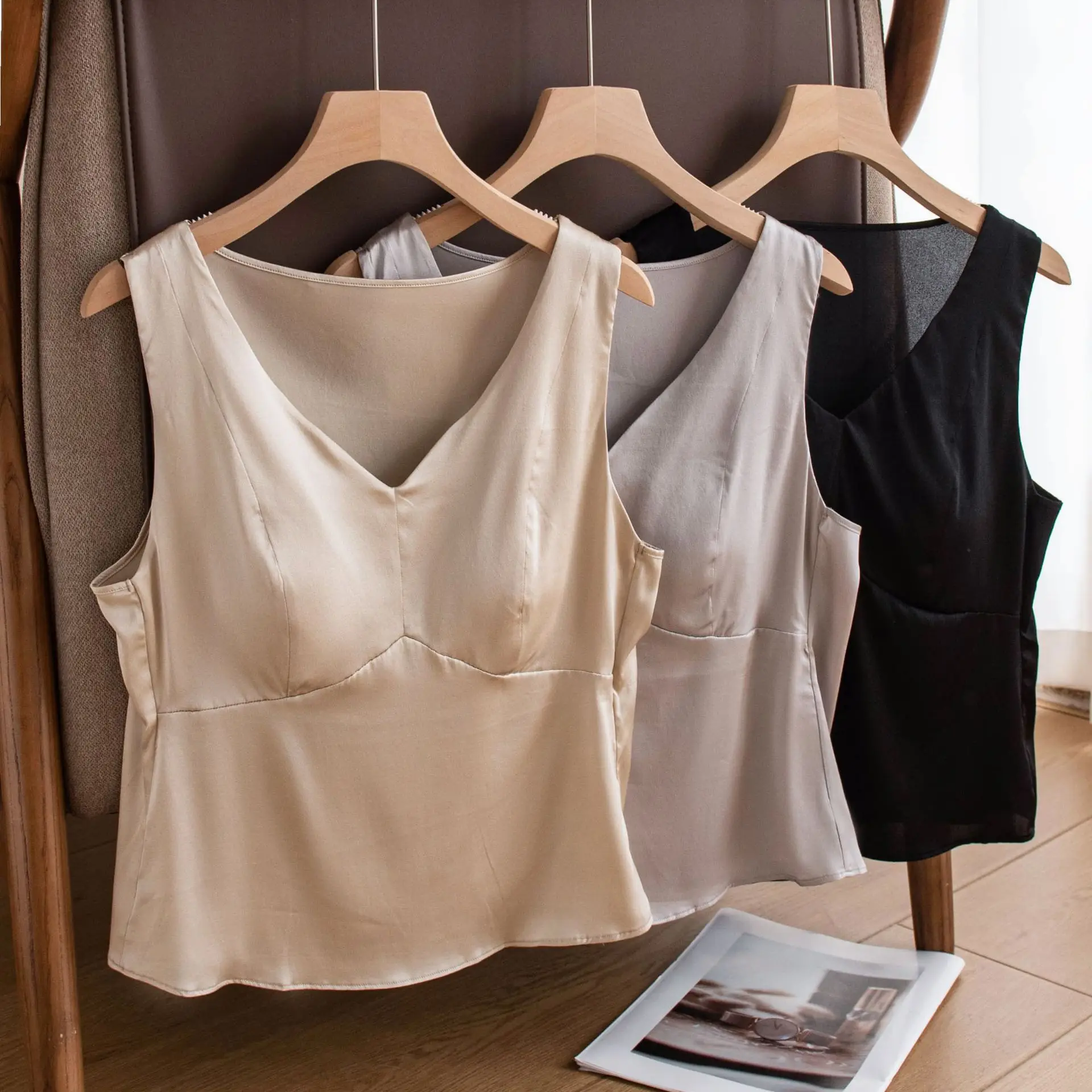 Women French V Neck Silk Cami Top With Padded Bra 16 Momme Mulberry Silk Breathable Cooling Tank