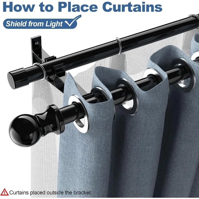 Double Curtain Rods 28 to 145 Inch Black 1 Inch Heavy Duty Dual Curtain Rod Set for Windows Drapery Rod Splicing Rods