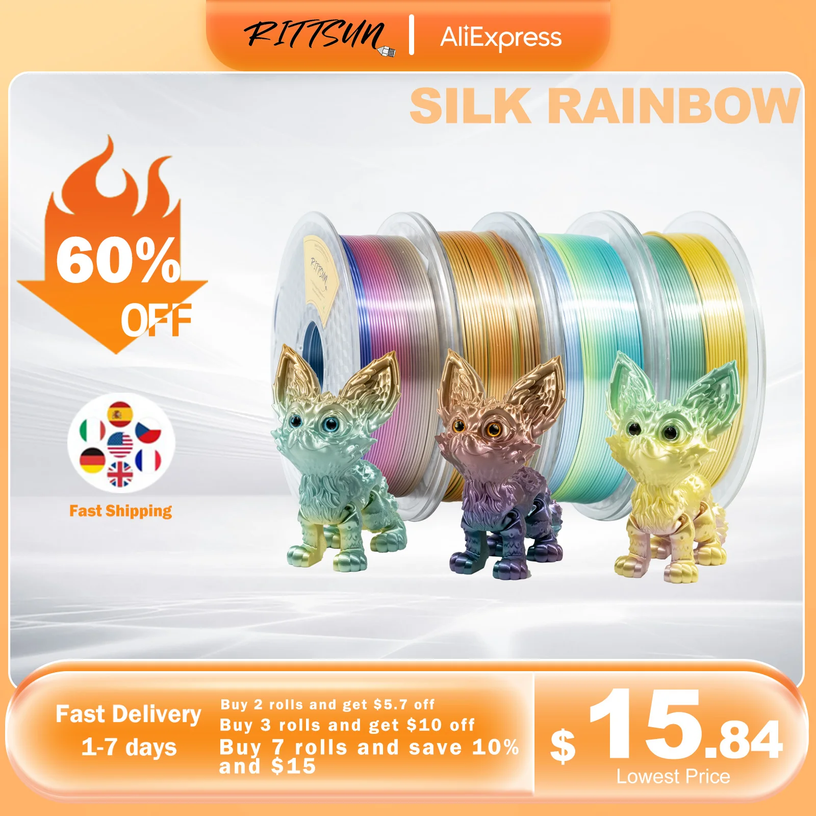 RITTSUN Silk Rainbow PLA New Arrival 3D Printer Filament 1KG 1.75mm ±0.03 Diameter High Quality FDM Printing Material Fast Ship