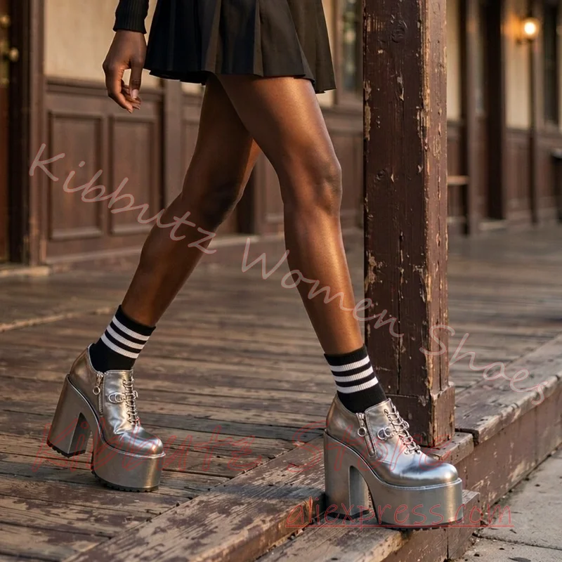 Women Platform Ankle Boots Chunky Heel Silver Tone Rings Buckles Side Zip Punk Goth Streetwear Footwear Zipper Leather Fashion