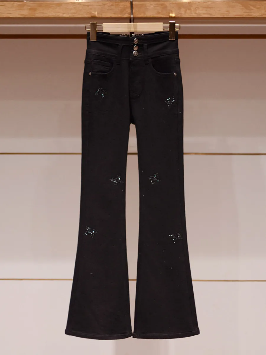 Black jeans pants 26-breasted high-waisted slim pants with drilled micro-pull casual trousers