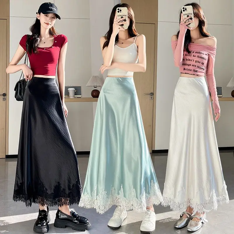 

Women Spring Summer Fashion Lace Solid Color High Waist Satin Skirt Ladies Office Lady All-match Trend Temperament A-line Skirt