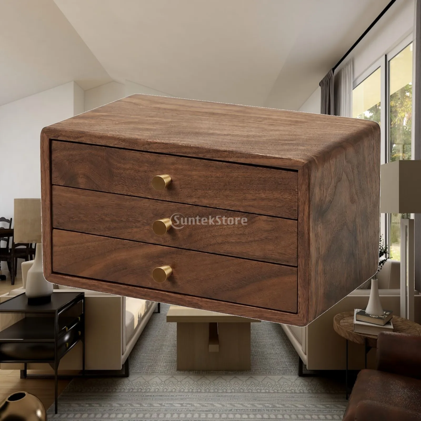 Black Walnut Wood Jewelry Case Organizer Three Drawer Rectangular Storage Box for Small Accessories Home Display