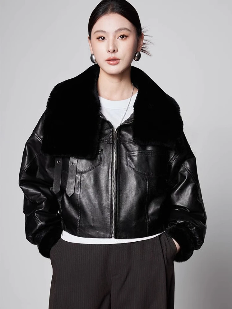 

Vintage Short Genuine Leather Winter Motorcycle Jackets Women High-end Natural Wool Collar Real Sheepskin White Goose Down Coat