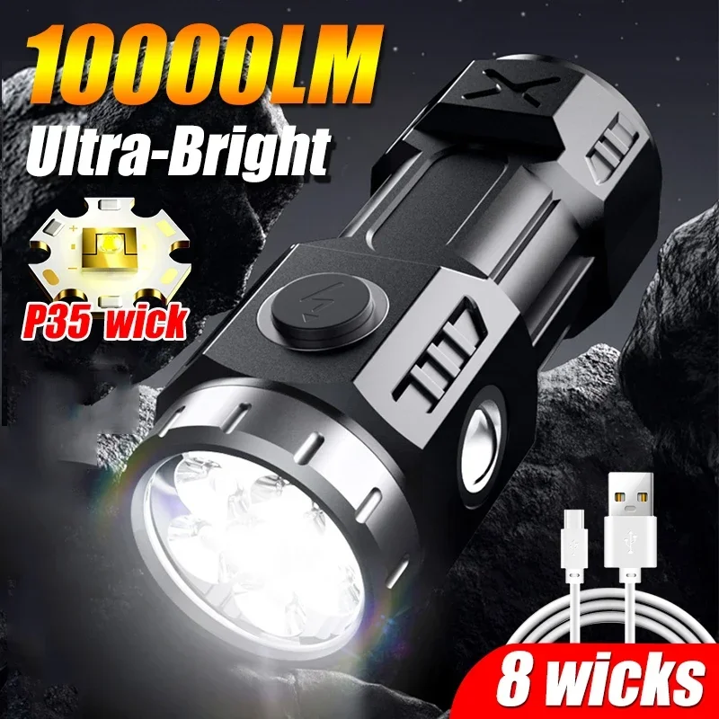 MINI Super Bright LED Flashlight With Side Lights Cap Clip Torch Built-in Battery Rechargeable Camping Hiking Magnet Work Lamp