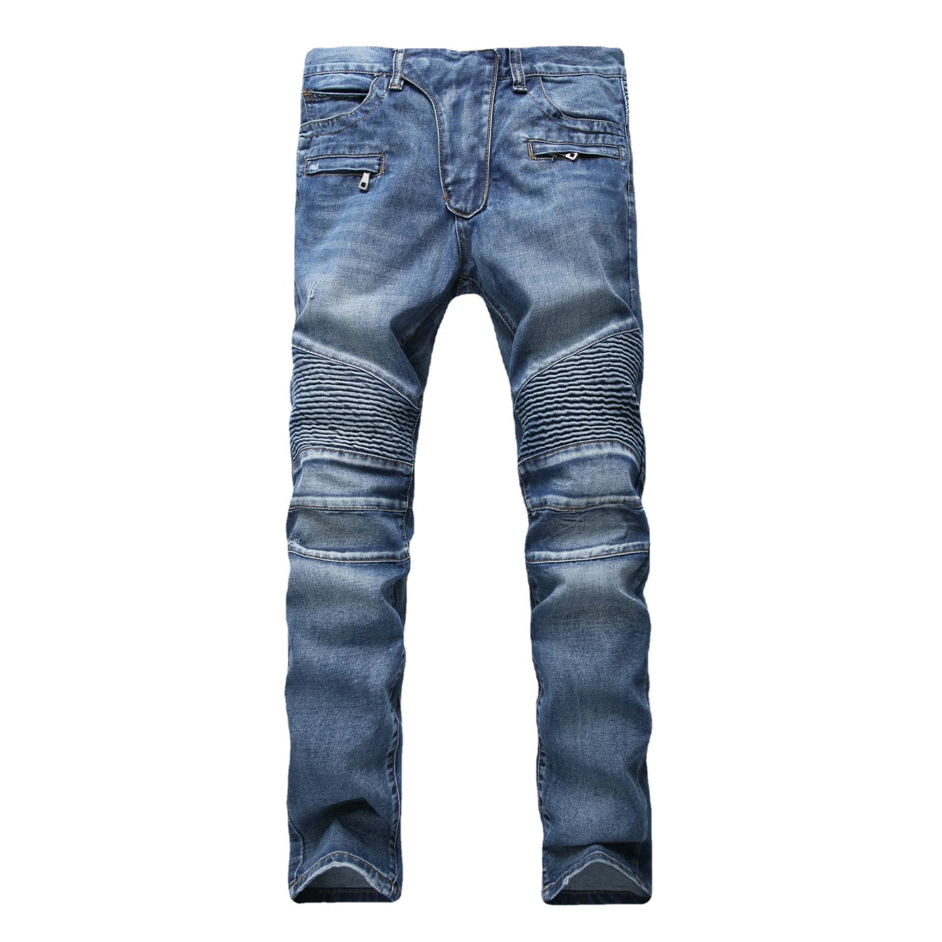 New Style North American Men's Wrinkled Jeans, High Street, Slim-fit Straight-leg, Light Color, Motorcycle Style, Long-length