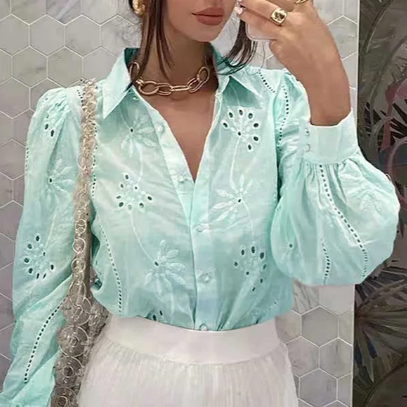 

Women Fashion Casual Tops Female Turn-Down Collar Long Sleeve T Shirts OL T Shirt Simple Top Green 2023 Vintage White T Shirts