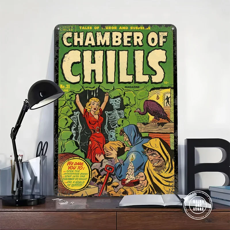 CHAMBER OF CHILLS 21 Tin Plaque Poster Customized Wall Art Retro Vintage Metal Signs for Man Cave Decoration Home Bathroom Decor