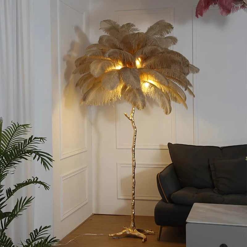 Standing Light Home Hotel Decoration Palm Arc Tree Resin Copper Ostrich Feather Floor Lamp