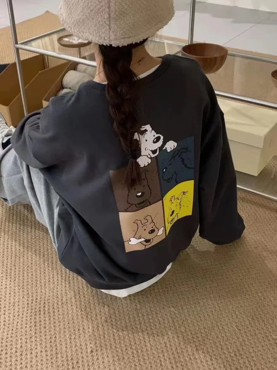 เสื้อฮู้ดดี้ลายการ์ตูนสุนัขตัวน้อย ดีไซน์หลวม สไตล์ลำลอง รุ่นใหม่ ฤดูใบไม้ผลิ/ฤดูใบไม้ร่วง 2024  แบบสองชิ้นในตัวเดียว