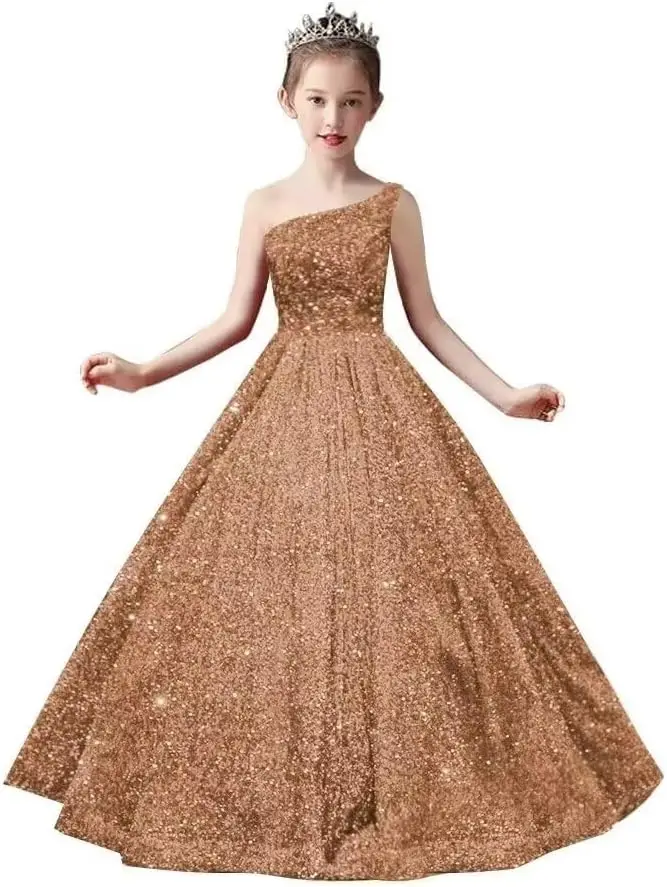 Abito da ragazza di fiore con paillettes Abito da spettacolo con paillettes monospalla per ragazze Abito da ballo formale da principessa scintillante per bambini