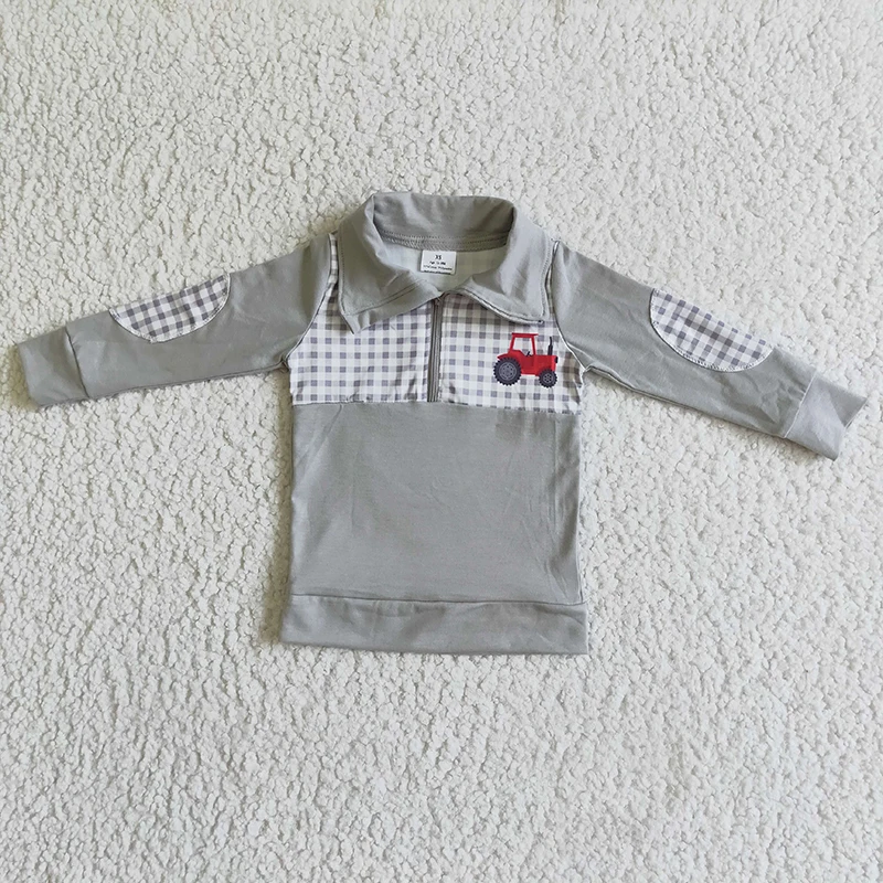 Toddler Fall Pullover Clothes Kids Gray Plaid Casual Shirt Long Sleeve Baby Boy Tractor Tee Lapel Top Children Zipper Sweatshirt