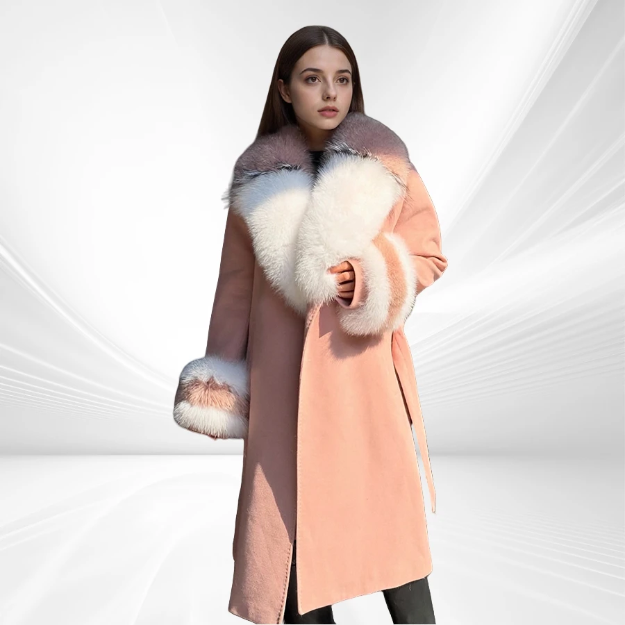 جديد معطف من قماش الكشمير مع حقيقية الثعلب الفراء طوق الأصفاد المرأة جواكت شتوية ريال فوكس الفراء معاطف فاخرة الصوف يمزج معاطف