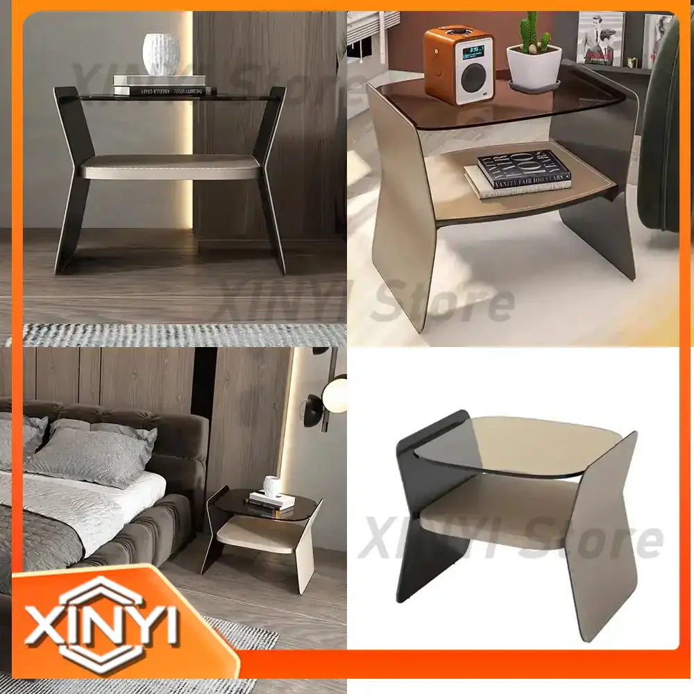 Creative Hollow Hanging Bedside Table for Italian Minimalist Bedroom with Saddle Leather Glass and Stainless Steel