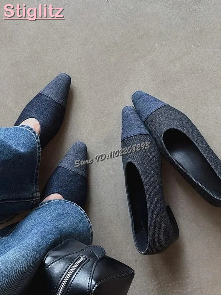 

Square Toe Patchwork Shallow Flats Blue Splicing Slip-on Low-heeled Shoes 2025 Women Fashion New Grandma Shoes French Style