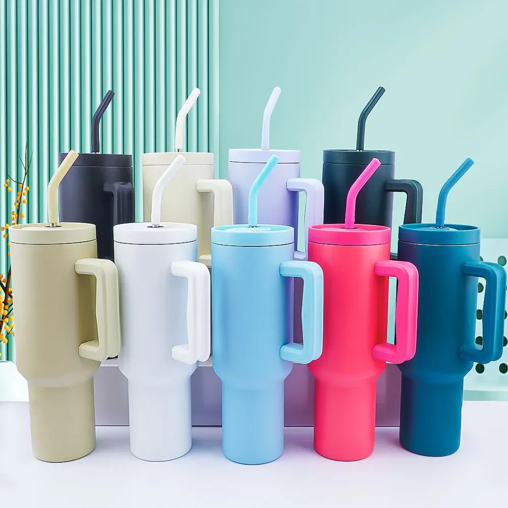Stainless Steel Vacuum Flasks/Portable Thermos Cup with Straw, Neo-Chinese Handle, Thickened Anti-Fall Double Cup, 40oz/1200ml