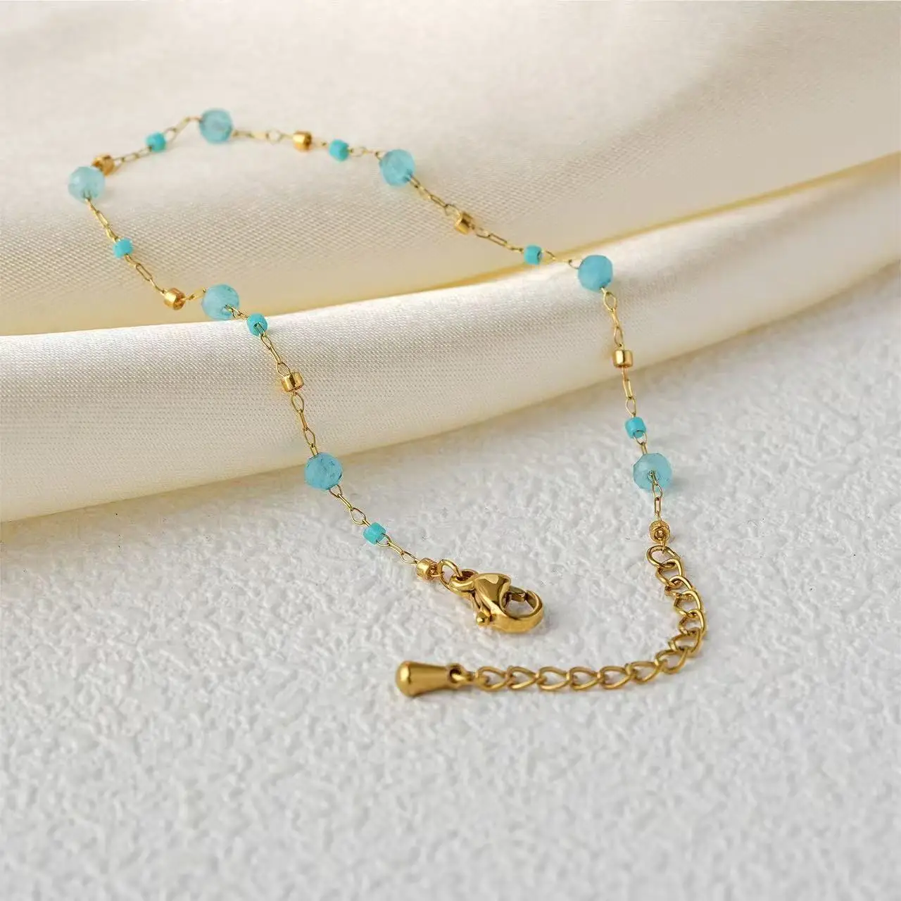 Cross‑Border Summer Island‑Style Starry‑Sky Matte Light‑Blue Aquamarine Natural‑Stone Thin‑Chain Bohemian Bracelet